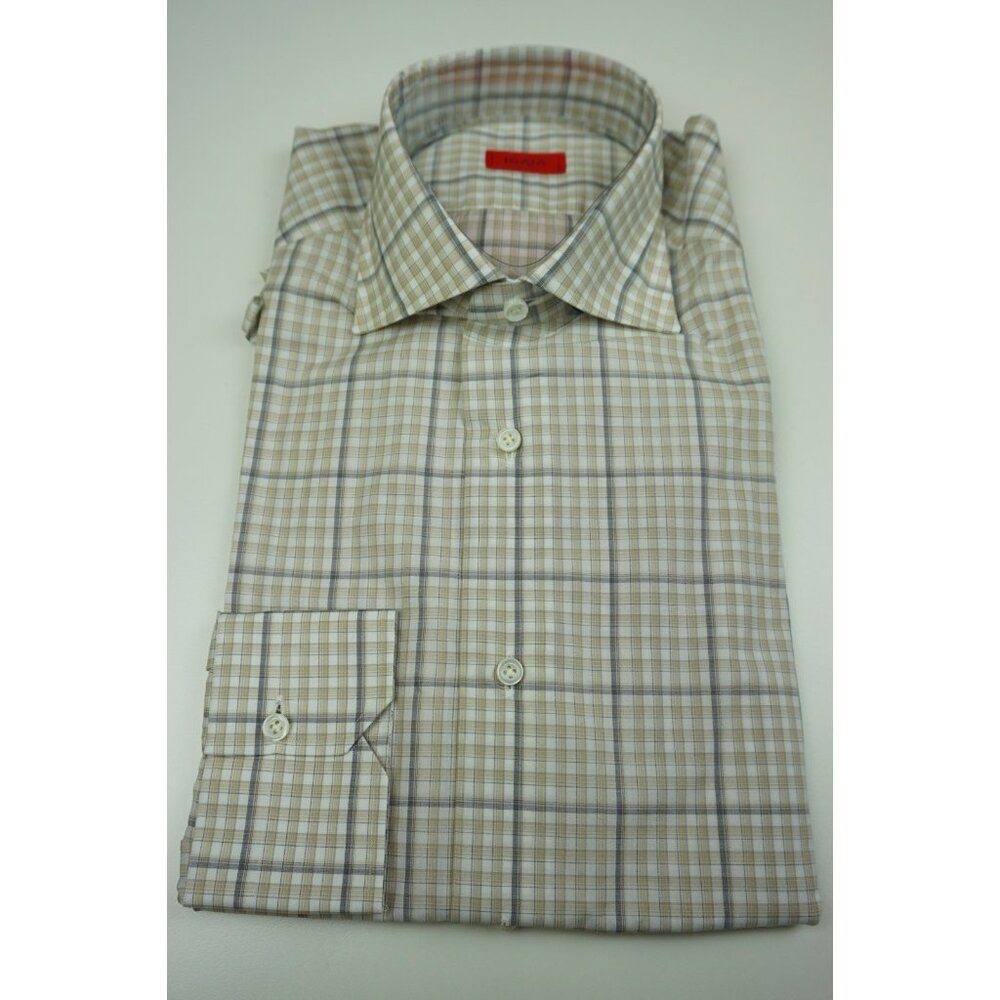 Isaia Light Gold Indigo Plaid Long Sleeve Cotton Dress Shirt 15.5/39 NEW